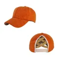 Orange knitted ponytail baseball cap with elastic crisscross back and velcro closure - Adjustable / Orange Red
