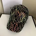 Stylish black baseball cap with vibrant rainbow sequins and breathable hollow mesh design - Adjustable / Colorful Sequined Mesh Style / Black