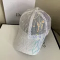 White mesh baseball cap with shimmering sequins and breathable hollow-out design - Adjustable / Holographic Sequined Mesh Style / White