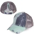 Tie-dye ponytail trucker hat with breathable mesh in purple blue and mint green tones - Gray