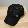 Women's black lace baseball cap with floral pattern and gold metal M logo detail - Black Rhinestone M Logo