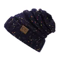 Winter chunky knit beanie in navy blue with colorful speckles and leather C.C patch - Navy Blue