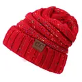 Berretto in maglia rossa con puntini colorati, patch C.C in pelle e trama invernale calda - Rosso