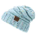 Light blue speckled knit beanie with C.C faux leather patch for winter warmth - Light Blue