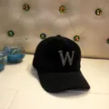 Detail of plush black mink fur baseball cap with rhinestone letter W on diamond background - Adult Size (56-60cm) / Letter W / Black