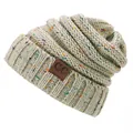 Berretto beige in maglia coriandoli con toppa in pelle c.c e risvolto caldo invernale - Beige