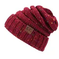 Burgundy confetti knit beanie with C.C faux leather patch for winter warmth - Burgundy