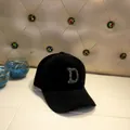 Detail of black winter baseball cap featuring silver rhinestone D initial and stitching - Adult Size (56-60cm) / Letter D / Black