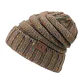 Deep brown knit beanie with colorful speckles and C.C leather patch for winter warmth - Khaki
