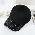 Fashionable black mohair baseball cap featuring shimmering sequins on the brim and fuzzy texture - Adult, Adjustable / Black with Black Sequins