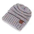 Chunky knit beanie in grey marl with multi-color flecks and C.C leather patch - Light Gray