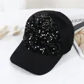 Fashionable black mohair baseball cap with glossy sequins and fluffy winter texture - Adult, Adjustable / Black with Black Sequins