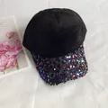 Fashionable black mohair baseball cap with colorful shimmering sequins on the brim - Adult, Adjustable / Black Blue Purple Sequins