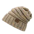 Beige tweed knit beanie with colorful flecks and a brown C.C leather patch detail - Camel