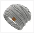 Grey knitted beanie with Super Star leather patch and warm fleece lining for winter - Light Gray