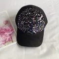 Black mohair baseball cap featuring a vibrant colorful sequin circle on the front - Adult, Adjustable / Black Blue Purple Sequins