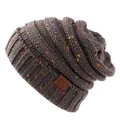 Winter chunky knit beanie in dark brown with colorful flecks and a C.C leather patch - Dark Gray