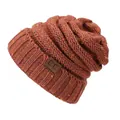 Caramel brown confetti knit beanie with C.C leather patch for outdoor winter warmth - Rust Red