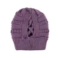 Dunkelila Strickmütze für Damen mit Cross-Cross-Öffnung für einen Pferdeschwanz - Lila