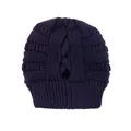 Dunkelviolette gerippte Strickmütze mit Überkreuz-Pferdeschwanzloch für Damen - Marineblau