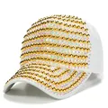 White baseball cap with gold beads and iridescent rhinestones on a white background - M (56-58cm) / White Colorful Rhinestone + Gold Pearl