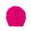 Damen Strickmütze in Pink mit elastischer Kreuzöffnung hinten für hohe Pferdeschwänze - Fuchsia