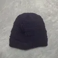 Dark blue knitted beanie hat for women with warm ribbed texture and star pattern details - Navy Blue