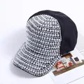 Detail of black baseball cap featuring shimmering silver rhinestones and grey pearls - M (56-58cm) / Black Silver Rhinestone + White Pearl