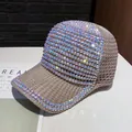 Macro detail of luxury champagne mesh baseball cap with sparkling AB rhinestones - Adult Size (Adjustable) / Khaki