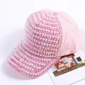 Detailed view of pink baseball cap featuring rows of white pearls and sparkling rhinestones - M (56-58cm) / Pink Colorful Rhinestone + White Pearl