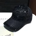 Close-up of black mesh baseball cap decorated with sparkling rhinestones and beadwork - Adult Size (Adjustable) / Black