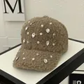 Detail of brown teddy fleece baseball cap featuring luxurious crystal rhinestone embellishments - M (56-58cm) / Coffee