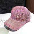 Detail of pink mesh baseball cap with sparkling rhinestones and breathable woven fabric - Adult Size (Adjustable) / Pink