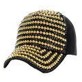 Berretto da baseball nero da donna con perline dorate e strass neri scintillanti - M (56-58cm) / Strass Nero Nero + Perla Dorata
