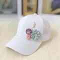 Close-up of white mesh baseball cap featuring handmade 3D cloth flowers and golden deer charm - Adult Size (Adjustable) / 3D Floral Deer Decoration (Mesh Cap) / White Mesh Hat