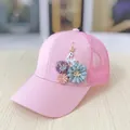 Close-up of pink mesh baseball cap with 3D floral appliques and white deer decor - Adult Size (Adjustable) / 3D Floral Deer Decoration (Mesh Cap) / Pink Mesh Hat