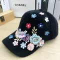 Women's black plush baseball cap with colorful 3D fabric flowers and crystals - Flower Style / Black