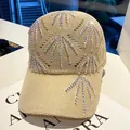 Close-up of beige knitted baseball cap with breathable hollow design and colorful rhinestones - One Size(Adjustable) / Khaki