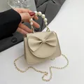 Mini cream bow bag with pearl handle and gold chain for young girls in elegant style - Khaki