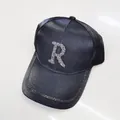 Black satin baseball cap with rhinestone R letter and shimmering brim detail - Letter R Style / Black Letter R With Chain Black