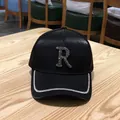 Black satin baseball cap with rhinestone letter R and sparkling crystal edge trim - Letter R Black