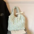 Green popcorn fabric tote bag with white lace bow and chic ruched puff design - With Silk Scarf / Green