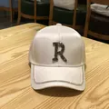 White satin baseball cap for women with rhinestone R letter and shimmering brim - Letter R White