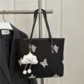 Minimalist black tote bag with colorful butterfly embroidery and white plush charm - With Pendant / Black