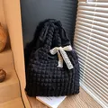 Black popcorn fabric cloud bag with creamy lace bow detail and textured finish - Black