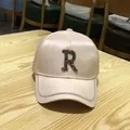 Pink satin baseball cap with rhinestone letter R and sparkling crystal embellished brim - Letter R Pink