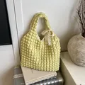 Light yellow puff pleated tote bag with white lace bow and textured bubble fabric - Yellow