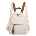 Mochila minimalista de tela oxford beige con adornos de cuero marrón y dorado - Blanco