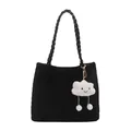 Minimalist black textured tote bag with woven shoulder strap and white cloud charm - Black With Pendant