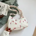 Borsa a tracolla alla moda in velluto a coste con stampa ciliegia per donna in bianco - Stile Ciliegia